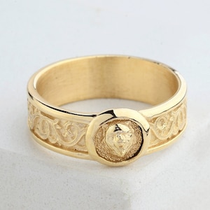 Solid Gold Bear Head Relief Band Ring, 10k Gold Handmade Mens Rings, Wild Bear Ring, Stackable Signet Ring, Pinky Man Ring, Gift For Husband