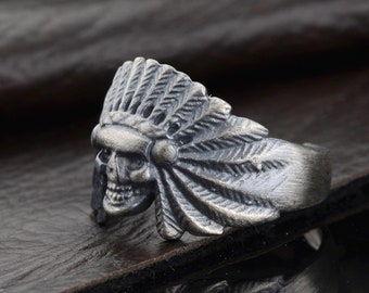 Sterling Silver American Indian Skull Ring: Unisex Biker Jewelry