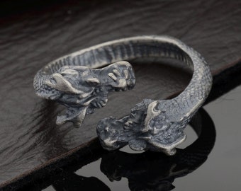 Sterling Silver Dragon Head Ring: Adjustable Biker Jewelry