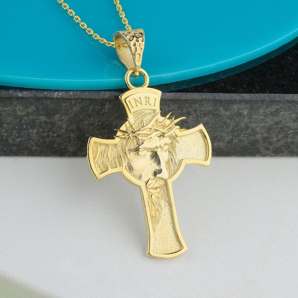 Gold Inrı Cross Pendant Necklace, Religious Jewellery for Him Her, Gold INRI Crucifix Charm Symbolic Cross Charm, Elegant Christian Cross