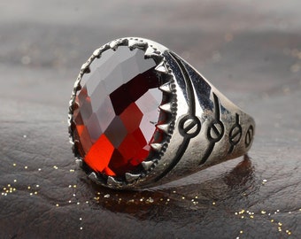 Sterling Silver Men's Ring: Red Zircon Stone, Ottoman Style