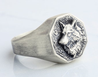 Sterling Silver Wolf Ring, Masculine Animal Jewelry