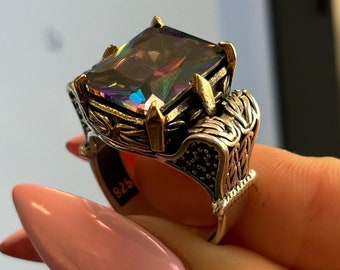 Mystic Topaz Sterling Silver Men's Ring - Ottoman Style