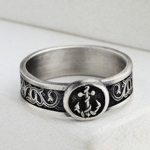 Anchor Signet Band Ring, Sterling Silver Oxidized Mens Rings, Handmade Mariner Ring, Lily and Cross Motifs Promise Ring, Gift For Sea Lover