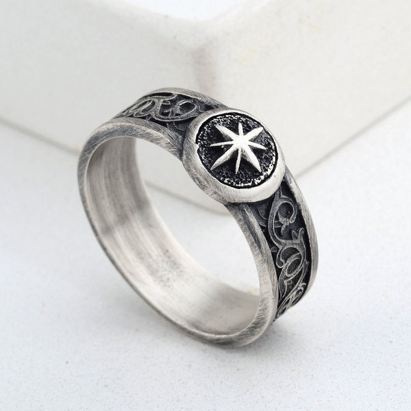 Sterling Silver North Star Band, Lily Motifs and Cross Band, Compass Ring, Gothic Man Jewelry, Wedding Band For Men, Engagement Men Gift