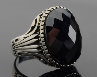 Black Zircon Gemstone Mens Ring: Handmade Sterling Silver Engraved Band