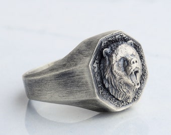 Viking Bear Boho Man Ring, Sterling Silver Bear Head Ring, Roaring Bear Signet Ring, Wild Animal Jewelry, Brutal Ring, Silver Gift For Mens