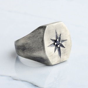 Oxidized Sterling Silver North Star Ring - Engraved Compass Biker Ring