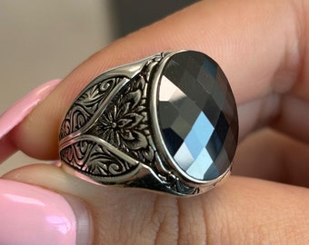 Black Zircon Stone Men's Ring: Engraved 925 Sterling Silver