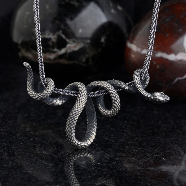 Gothic Snake Necklaces, Sterling Silver Serpent Pendants, Oxidized Snake Necklaces, Unique Pendant, Snake Pendant Chain, Man Necklace Gift