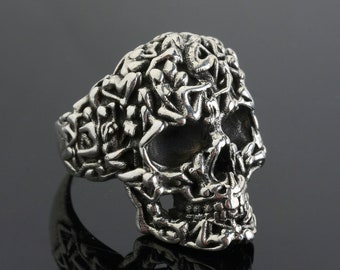 Anello con teschio massiccio in argento sterling: gioielli da motociclista gotico