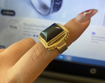 Black Onyx Mens Gold Ring
