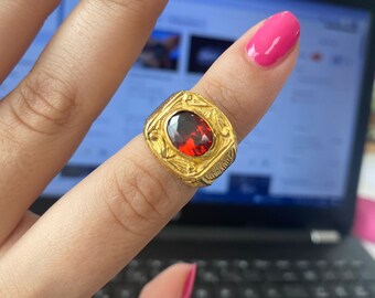 Red Ruby Gemstone Pinky Ring ,10k Gold Plated Unique Mens Ring