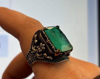 Handmade Sterling Silver Green Paraiba Stone Ring - Ottoman Style