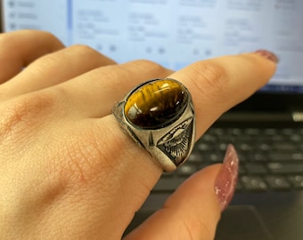 Tiger Eye Gemstone Silver Mens Ring