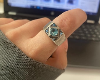 Silver Aquamarine Zircon Stone Man Ring, Stackable Signet Ring, Blue Stone Pinky Ring, Sterling Silver Gemstone Ring, Gift For Husband