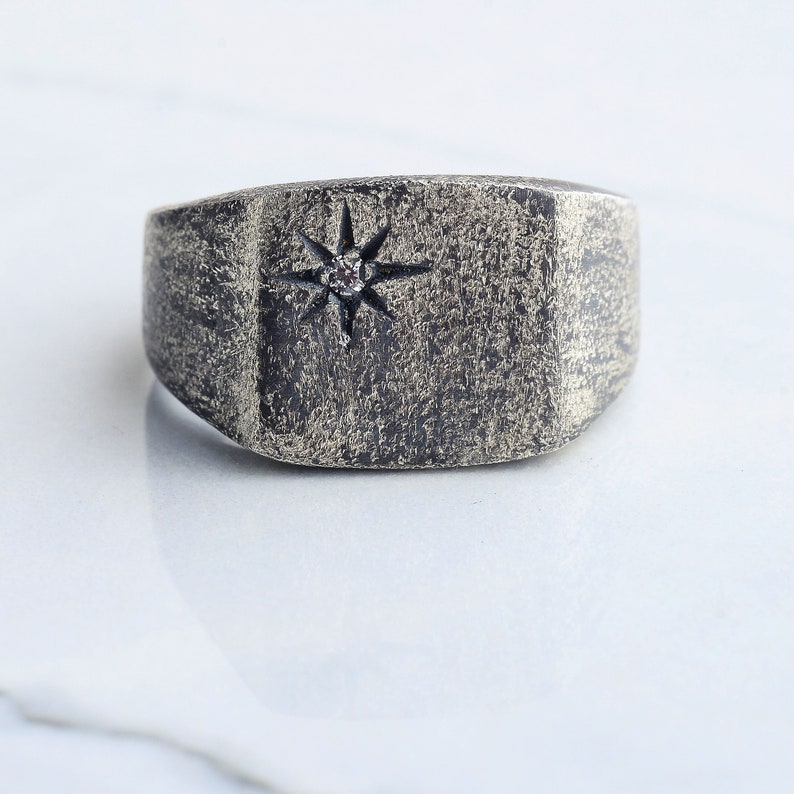 Sterling Silver Stone Man Ring, Compass Ring, Engraved North Star Mens ...