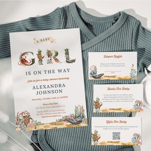 May include: A baby shower invitation with a watercolor illustration of a girl's name spelled out with sea creatures. The invitation is for Alexandra Johnson and includes the date, time, and location of the shower. There are also three cards for diaper raffle, books for baby, and gifts for baby.