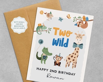2nd Birthday Card | Personalized Two Wild Birthday Safari Animal Card  | Custom Name Card for Two Year Old Boy or Girl, Nephew, Niece