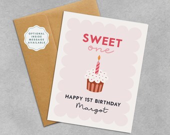 First Birthday Card | Personalized Sweet One Theme Custom Name Birthday Card for One Year Old | Pink Cupcake
