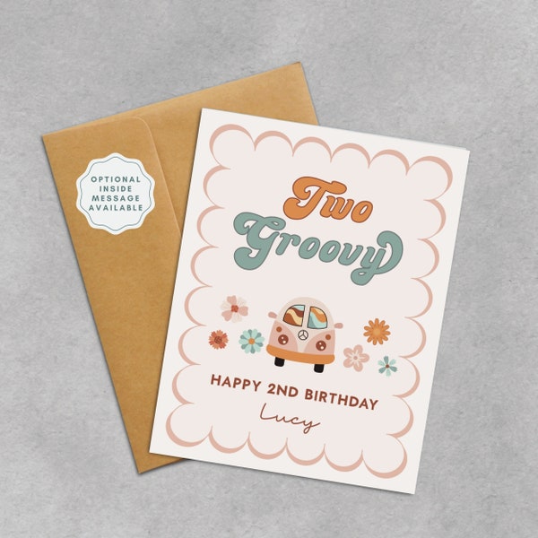 2nd Birthday Card | Personalized Second Birthday Two Groovy Birthday Theme | 70s Vibe Retro Custom Name Card for Two Year Old Girl