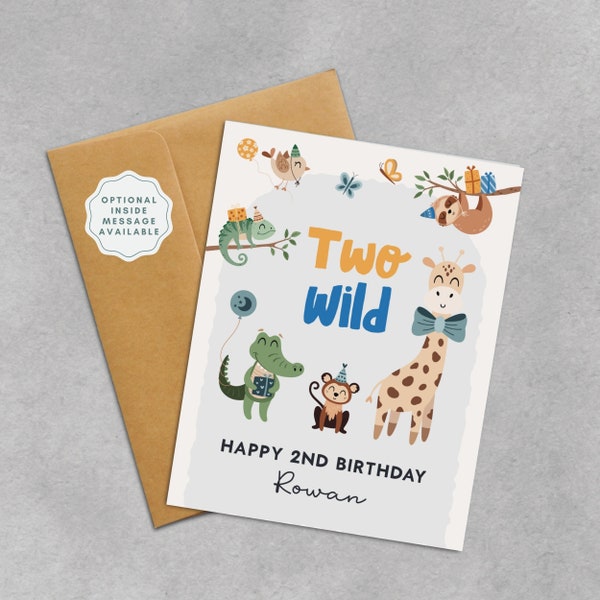 2nd Birthday Card | Personalized Two Wild Birthday Safari Animal Card  | Custom Name Card for Two Year Old Boy or Girl, Nephew, Niece