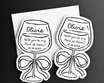 Wine Glass Maid Of Honor Proposal Card | Bridal Party Personalized Name and Role Wedding Notecard for Gift Boxes | Whimsical Black Bow