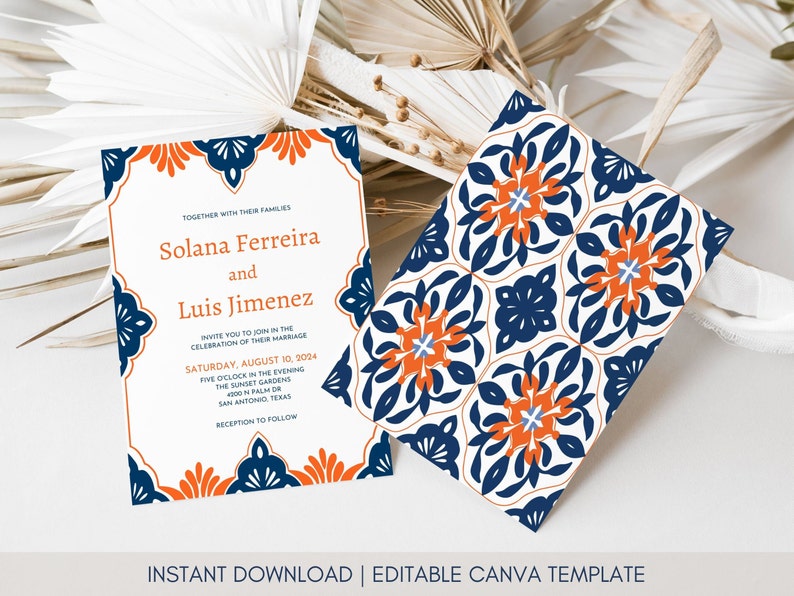 Terracotta and Navy Wedding Invitation Template, Blue Talavera, Editable Mexican Invite Printable, Instant Download, Solana image 2