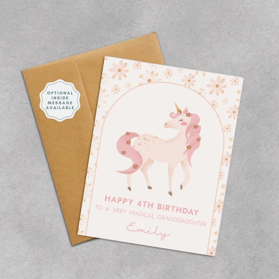 4th Birthday Card | Personalized Unicorn Birthday Card for 4 Year Old Granddaughter, Niece, Daughter, Goddaughter, Girl | Magical Fairytale