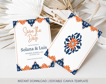 Terracotta and Navy Save The Date Invitation Template, Blue Talavera Spanish Tile, Canva Invite, Mexican Wedding, Instant Download, Solana