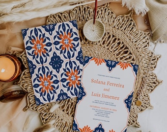 Terracotta and Navy Wedding Invitation Template, Blue Talavera, Editable Mexican Invite Printable, Instant Download, Solana