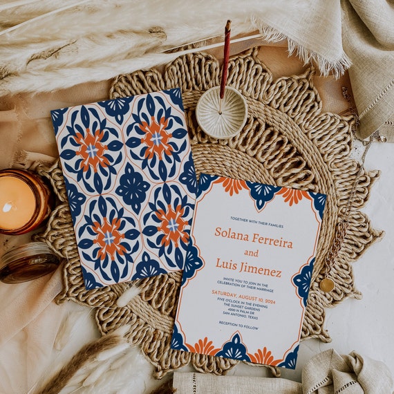 Terracotta and Navy Wedding Invitation Template, Blue Talavera, Editable Mexican Invite Printable, Instant Download, Solana