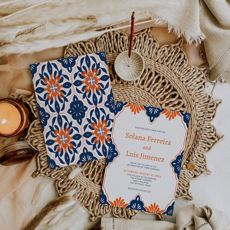 Terracotta and Navy Wedding Invitation Template, Blue Talavera, Editable Mexican Invite Printable, Instant Download, Solana image 1