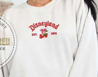 Embroidered Mickey Cherry Hoodie, Disneyland Sweatshirt, Disney Trip Hoodie, Est 1955 Sweatshirt, Gift for Wife, Disneyworld Hoodie