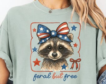 Independence Day Tee, Freedom Shirt, Comfort Colors, Feral But Free Shirt, Cute Raccoon Tshirt, America Bow Tshirt, Red White Blue