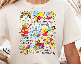 Camiseta de neurodiversidad, camiseta de concienciación sobre el autismo, camiseta "Aceptar", camiseta de mamá con autismo, camiseta "Abrazar la neurodiversidad", rompecabezas de autismo, huella de mano con autismo