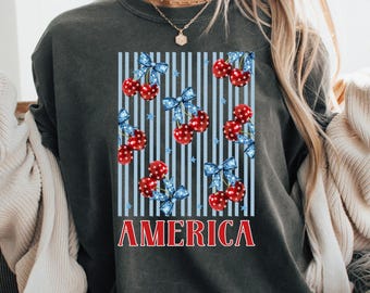 USA Cherry Tshirt, 4th of July Tee, Independence Day Tee, Memorial Day Tshirt, Red White Blue, Comfort Colors Tee, Home Of The Free