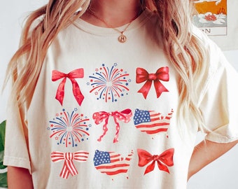 4th Of July T-shirt, USA Flag Bow Shirt, Comfort Colors Shirt, Fireworks Shirt, Independence Day Gift, Fourth Of July Shirt, Patriotic Gift
