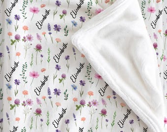 Personalized Wildflower Blanket Custom Name | Floral Fleece Throw Gift for Her | Boho Botanical Birthday Cottagecore Cozy Nature Mom Gifts