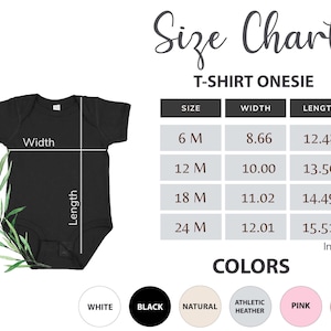Puede incluir: Un body negro para beb&eacute; con una tabla de tallas que muestra las medidas de ancho y largo en pulgadas. La tabla incluye las tallas 6M, 12M, 18M y 24M. Las opciones de color incluyen blanco, negro, natural, athletic heather, rosa y rojo.