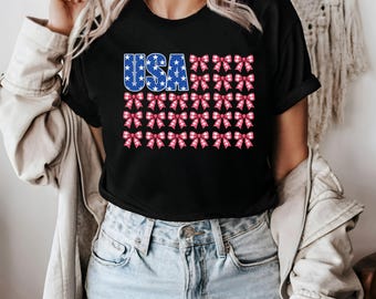 USA Flag Shirt, America Coquette Tshirt, Red White Blue, America Bow Tee, Independence Day Shirt, Memorial Tee, 4th of July Tee