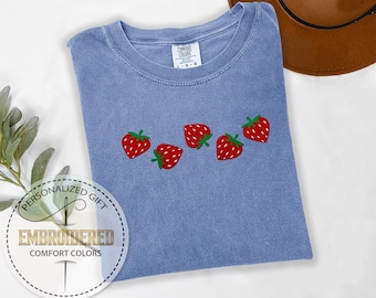 Embroidered Strawberry Shirt, Comfort Colors Gifts, Summer Embroidered Shirt, Spring Gift Tee, Cottagecore Fruit Tshirt, Beach Vacation