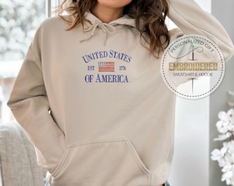 Embroidery United States of America Hoodie, Est 1776, 4th of July Hoodie, Patriotic Sweatshirt, Independence Day Hoodie, America Hoodie