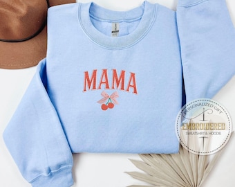Embroidery Mom Sweatshirt, Embroidered Mama Hoodie, Cherry Bow Hoodie, Gift Mother Day, Mom Birthday, Mom Gifts, Mothers Day Gifts