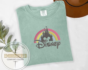 Embroidered Castle Rainbow Shirt, Embroidery Disney Castle Tshirt, Disneyland Shirt, Disneyworld Tee, Disney Trip Shirt, Comfort Colors