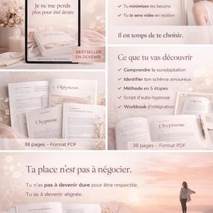 Può includere: Download digitale di un libro e documenti PDF con i titoli "Je ne me perds plus pour être aimée" e "L'hypnose". I documenti elencano argomenti come la suradattamento e l'autoipnosi. L'immagine include anche il testo "BESTSELLER EN DEVENIR".