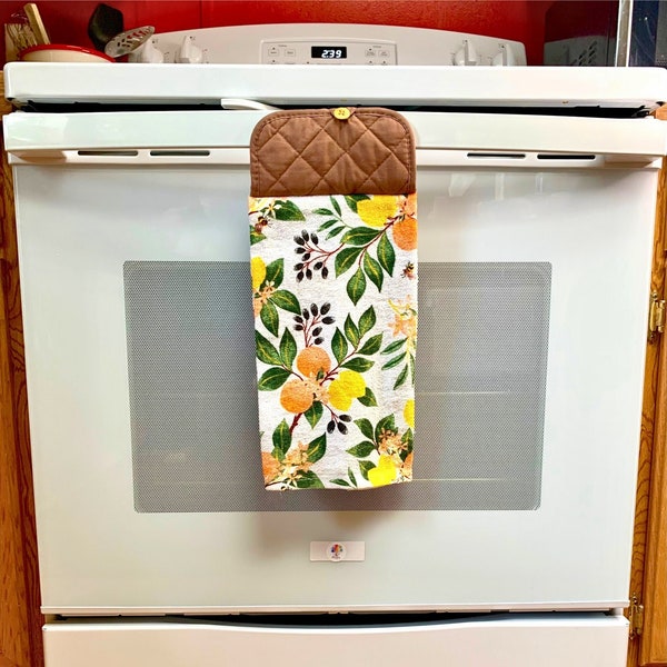 Potholder towel with button top for oven door handle. Decorative hanging towels won't fall on the floor for convenient use - Fruit designs.
