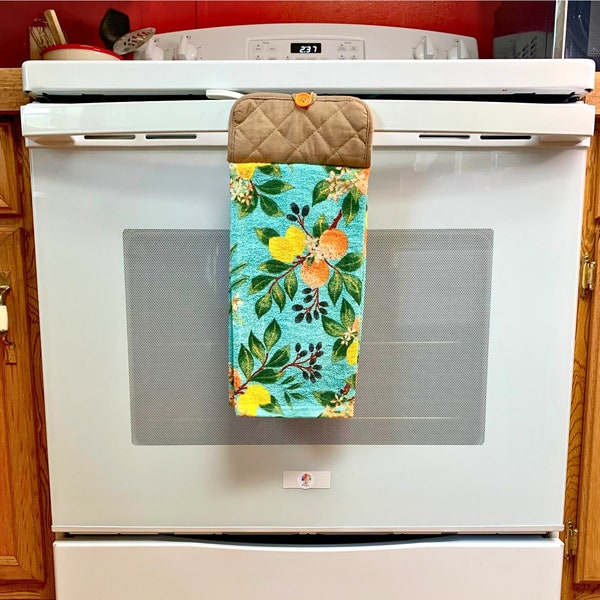 Potholder towel with button top for oven door handle. Decorative hanging towels won't fall on the floor for convenient use - Fruit designs.