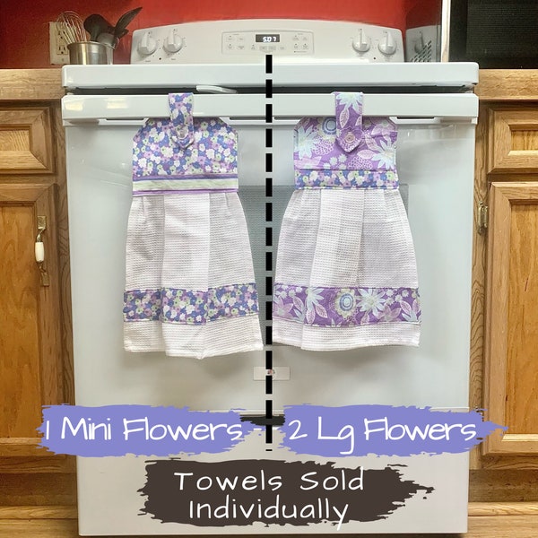 Hanging Towel, Dishtowel with Button Top for Oven Door Handle: Purple Mini Flowers, or Larger print flowers