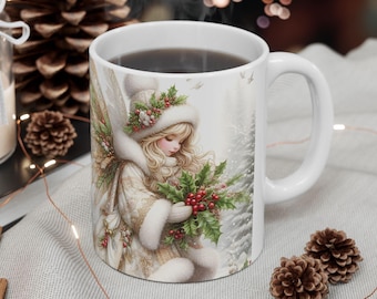 Festive Ceramic Mug with Gold and White Christmas Fairies, Holiday Coffee Cup, 11oz 15oz Xmas Tea Mug, Winter Wonderland Drinkware, Magical